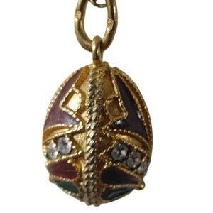 AU Russian Egg Charm Pendant Vintage Gold Tone Rhinestones Accents Enamel